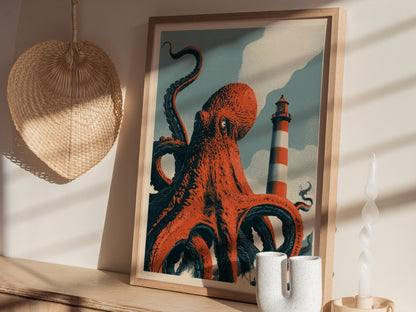 Octopus Finds Paradise Poster | Pink and Blue Screen Print Art Print | Retro Futurism Wall Art — styled in an interior