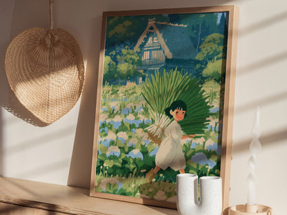 Harvest Walk Home Poster | Blue and Cream Illustrative Art Print | Cottagecore Wall Art — styled in an interior