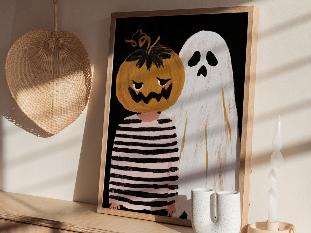 Pumpkin and Ghost Poster | Pink and Orange Illustrative Art Print | Kids Room Wall Art — styled in an interior