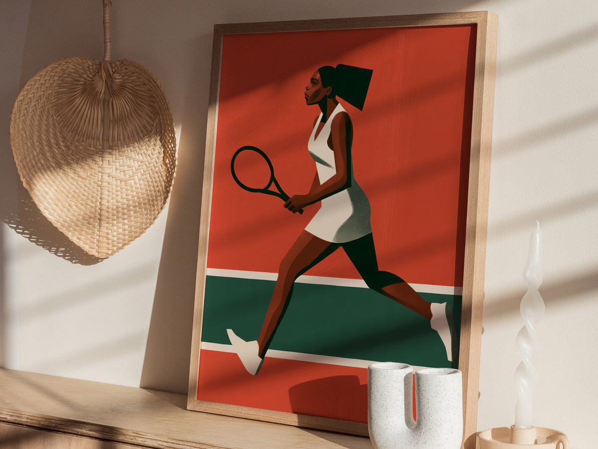 Clay Court Stride Poster | Coral and Green Illustrative Art Print | Tennis Wall Art — styled in an interior