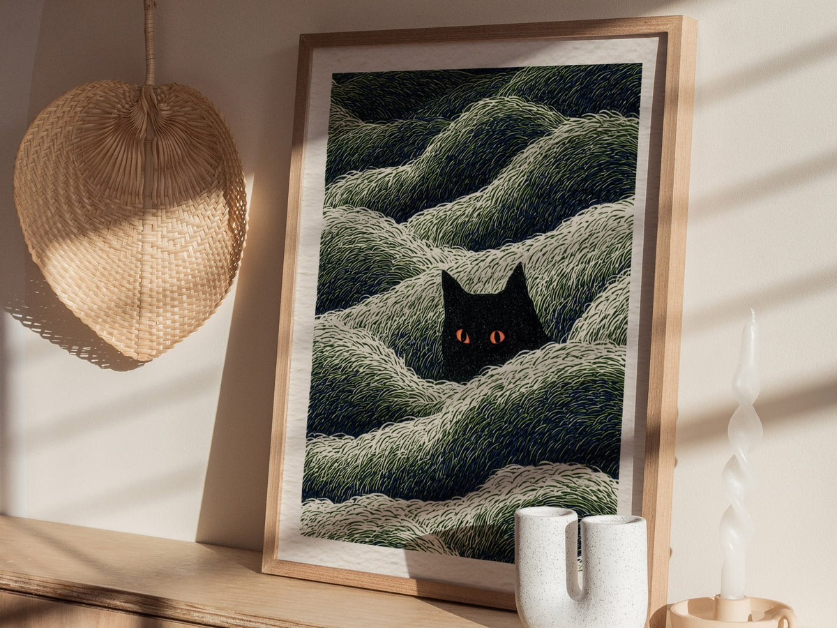 Cat Lurks Deep Poster | Green and Black Pen and Ink Art Print | Dark Fantasy Wall Art — styled in an interior