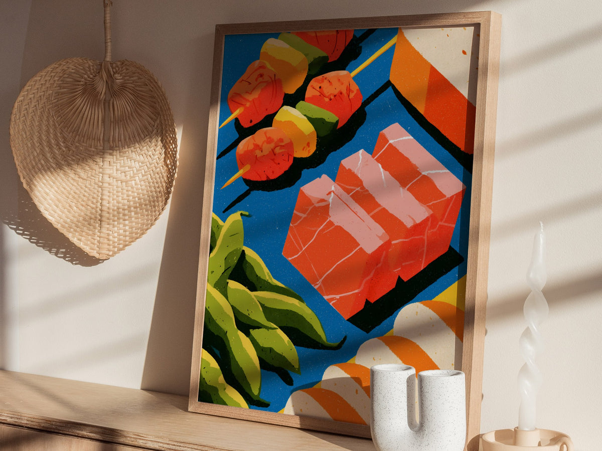 Japanese Seafood Still Life Poster | Cobalt and Coral Illustrative Art Print | Kitchen Wall Art — styled in an interior