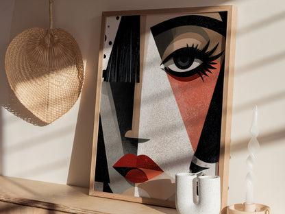 Cubist Woman Watches Poster | Black and Orange Abstract Art Print | Modernist Wall Art — styled in an interior