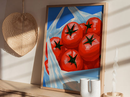 Tomatoes Coming Home Poster | Cobalt and Red Low Poly Art Print | Kitchen Wall Art — styled in an interior