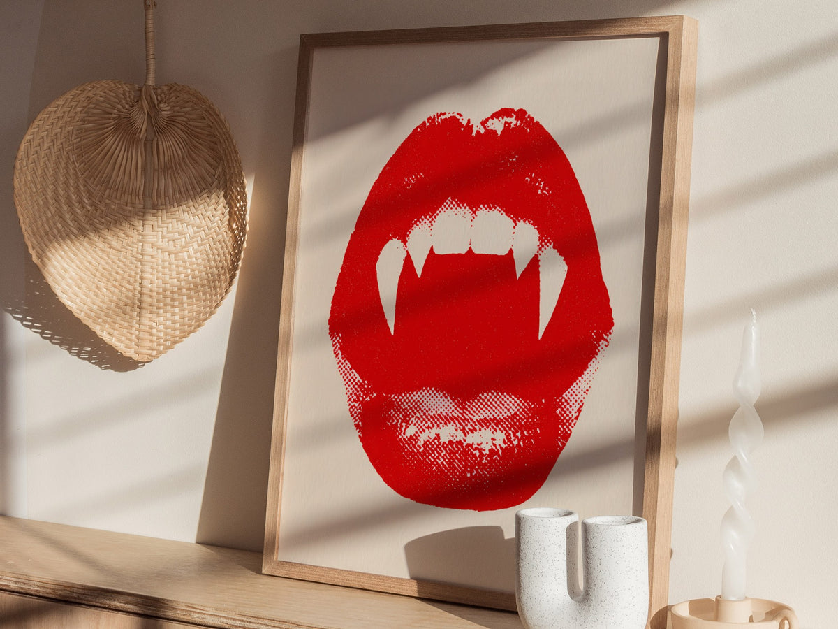 Vampire Bite Poster | Red and Cream Screen Print Art Print | Goth Wall Art — styled in an interior