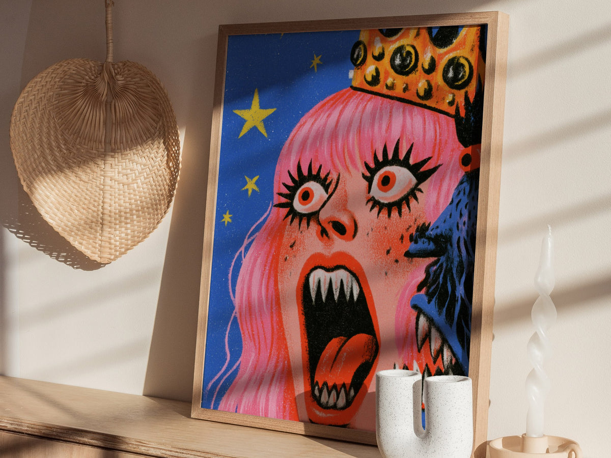 Queen Roars Back Poster | Jewel and Gold Illustrative Art Print | Dark Fantasy Wall Art — styled in an interior