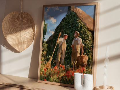 Gardeners Compare Notes Poster | Cream and Poppy Low Poly Art Print | Cottagecore Wall Art — styled in an interior
