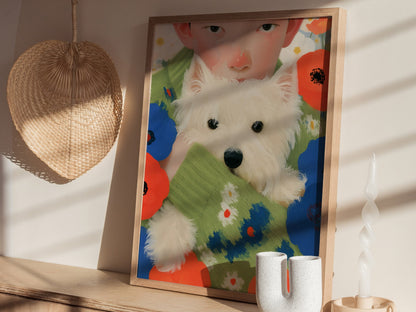 Boy With Westie Poster | Blue and Green Illustrative Art Print | Contemporary Wall Art — styled in an interior