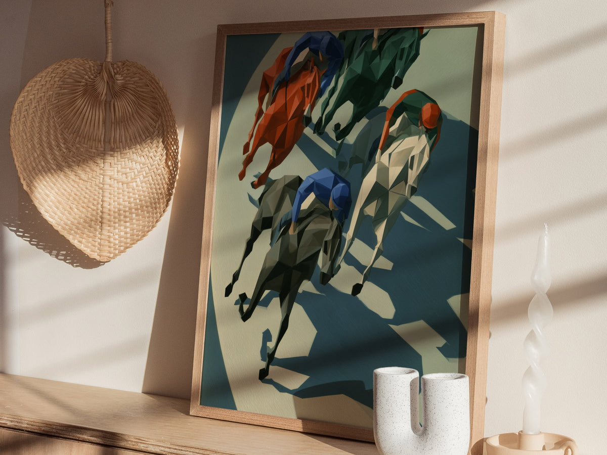 Jockeys Take the Turn Poster | Cobalt and Rust Low Poly Art Print | Modern Sports Wall Art — styled in an interior