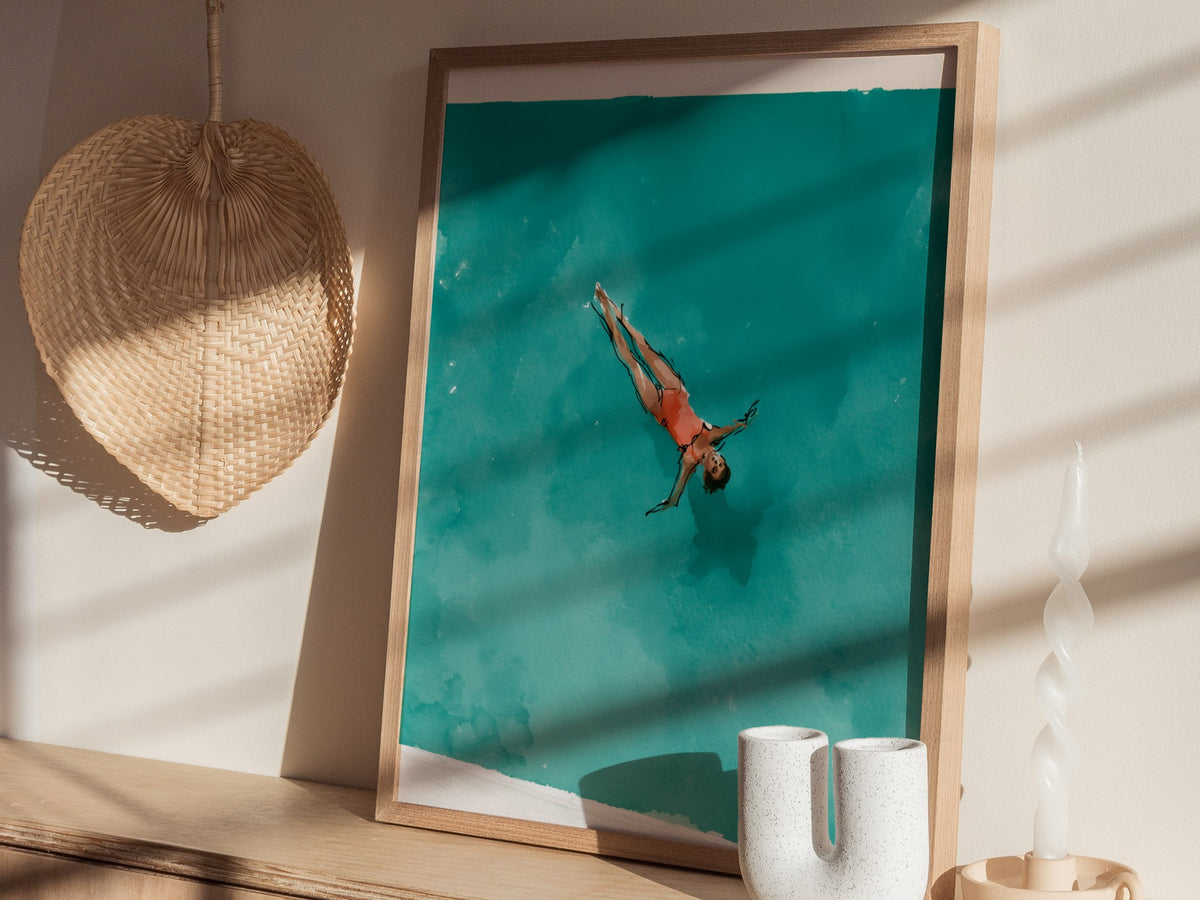 Swimmer in Pool Poster | Teal and Coral Watercolor Art Print | Spa Wall Art — styled in an interior