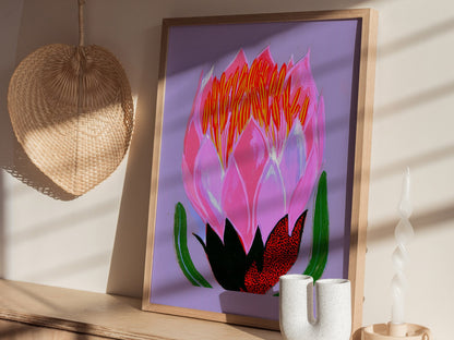 Flower Erupts Purple Poster | Pink and Lavender Illustrative Art Print | Botanical Wall Art — styled in an interior