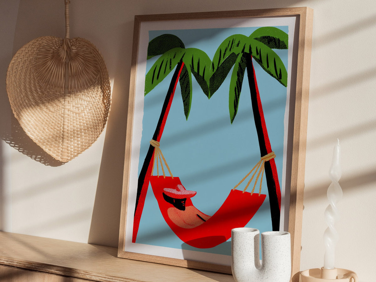 Hammock Afternoon Poster | Blue and Emerald Screen Print Art Print | Tropical Wall Art — styled in an interior