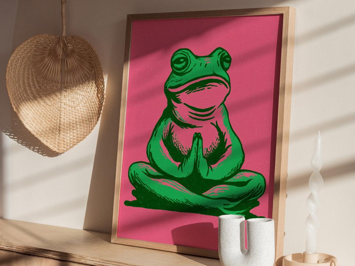 Toad Finds Peace Poster | Green and Pink Illustrative Art Print | Meditation Wall Art — styled in an interior