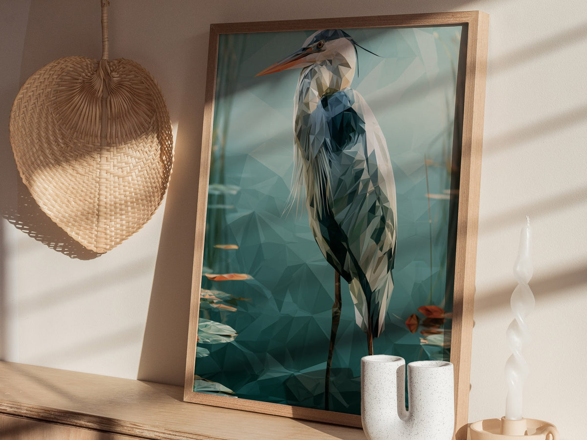 Heron Guards Shallows Poster | Teal and Slate Low Poly Art Print | Modern Minimal Wall Art — styled in an interior