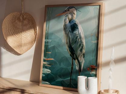 Heron Guards Shallows Poster | Teal and Slate Low Poly Art Print | Modern Minimal Wall Art — styled in an interior