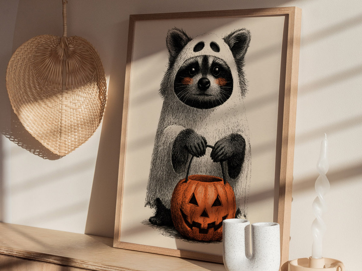 Raccoon Trick-or-treats Poster | Gray and Orange Pen and Ink Art Print | Halloween Wall Art — styled in an interior