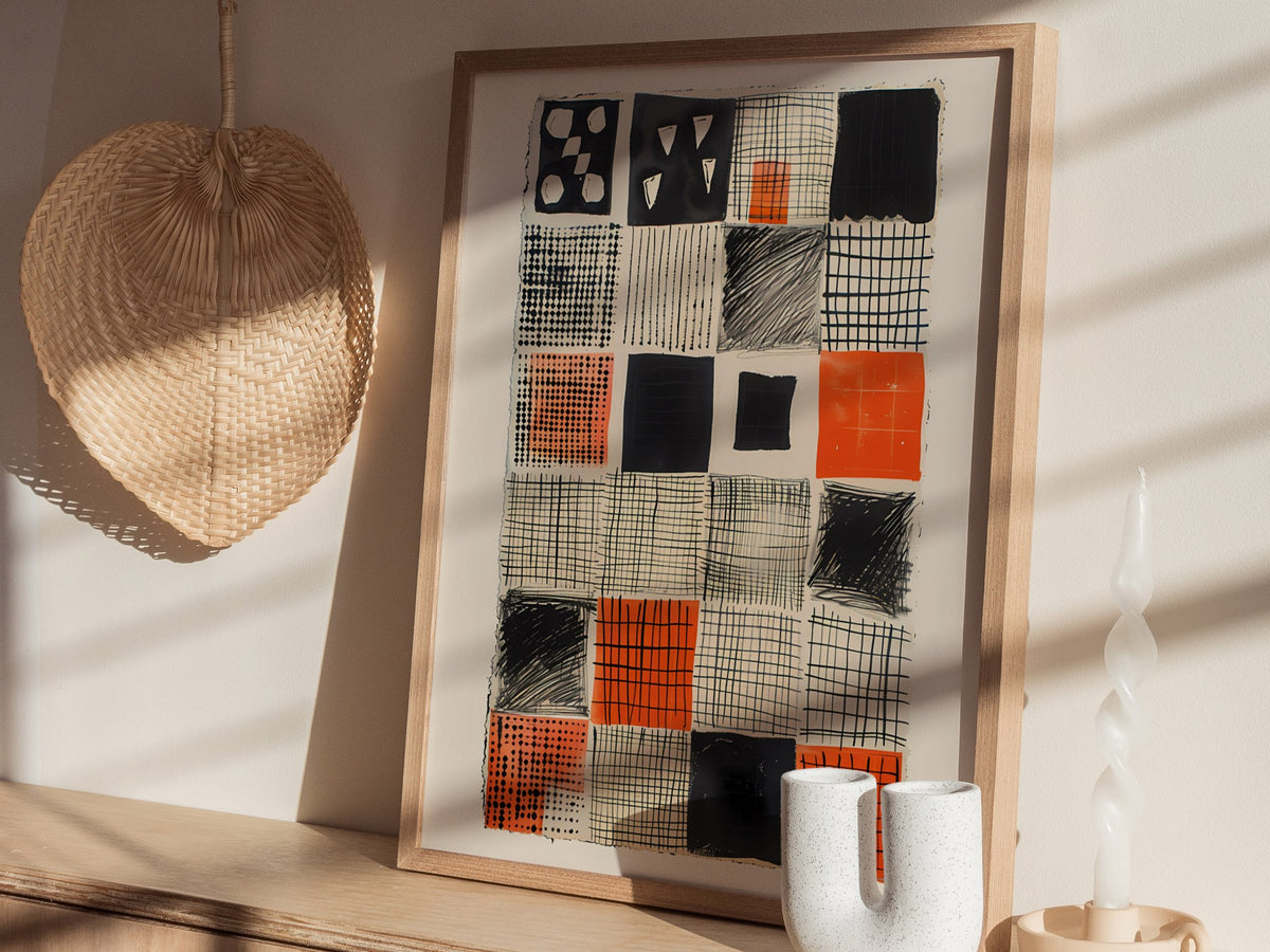 Obsessive Grid Poster | Black and Burnt Abstract Art Print | Minimalist Wall Art — styled in an interior
