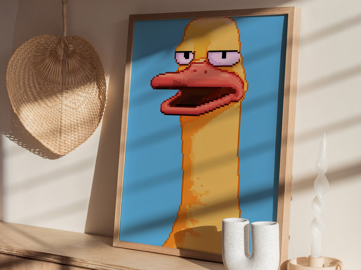 Tired Duck Portrait Poster | Pink and Yellow Pixel Art Print | Gaming Wall Art — styled in an interior
