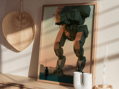 Mech Waits Dawn Poster | Teal and Orange Low Poly Art Print | Sci-Fi Wall Art — styled in an interior
