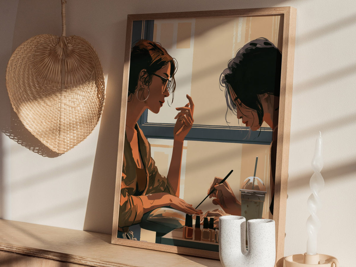 Nail Polish Afternoon Poster | Blue and Coral Illustrative Art Print | Nail Salon Wall Art — styled in an interior