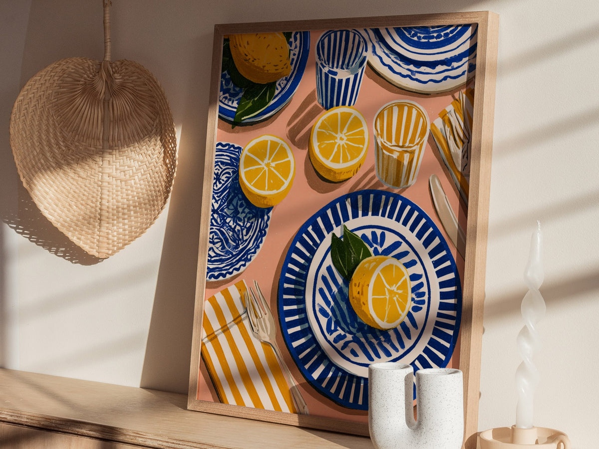 Lemon Table Poster | Cobalt and Ochre Illustrative Art Print | Kitchen Wall Art — styled in an interior