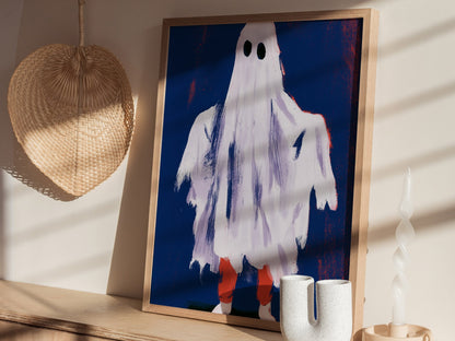 Ghost Stands Still Poster | Navy and Coral Illustrative Art Print | Kids Room Wall Art — styled in an interior