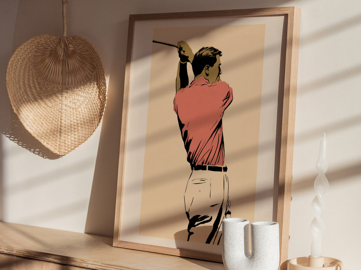 Golfer in Follow Through Poster | Pink and Cream Illustrative Art Print | Golf Wall Art — styled in an interior