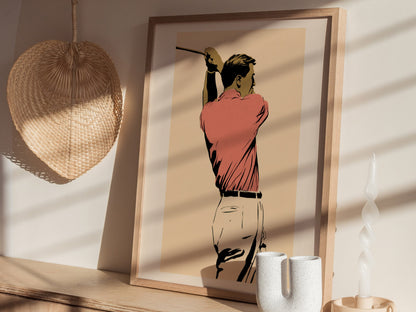 Golfer in Follow Through Poster | Pink and Cream Illustrative Art Print | Golf Wall Art — styled in an interior