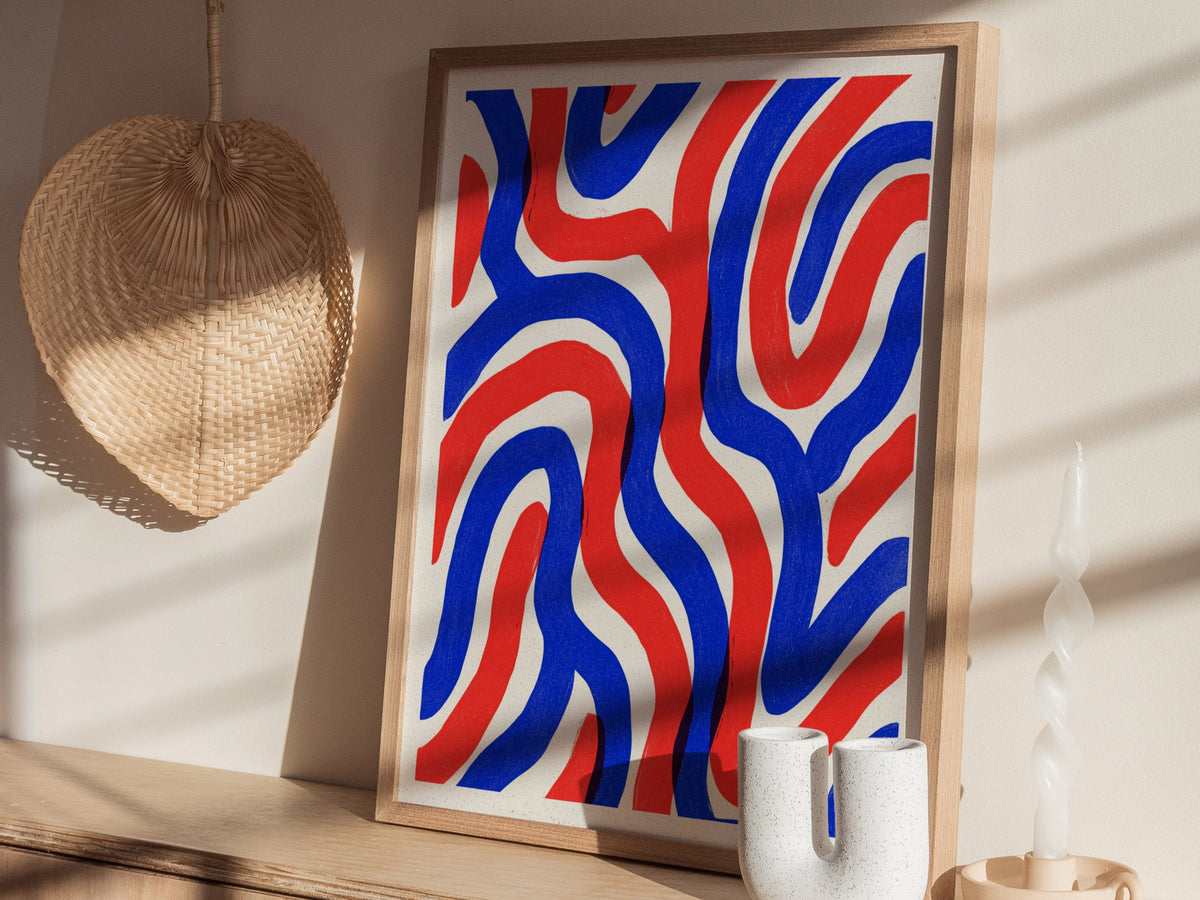 Woven Currents Poster | Coral and Cobalt Abstract Art Print | Modern Coastal Wall Art — styled in an interior
