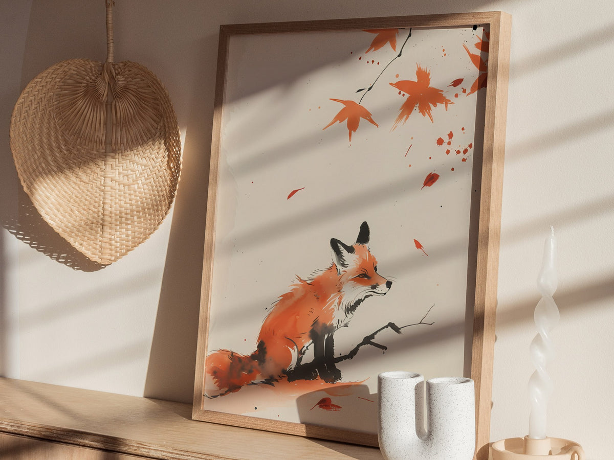 Autumn Visitor Poster | Rust and Sepia Japanese Watercolor Art Print | Minimalist Wall Art — styled in an interior