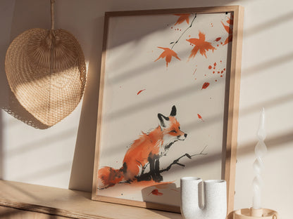Autumn Visitor Poster | Rust and Sepia Japanese Watercolor Art Print | Minimalist Wall Art — styled in an interior