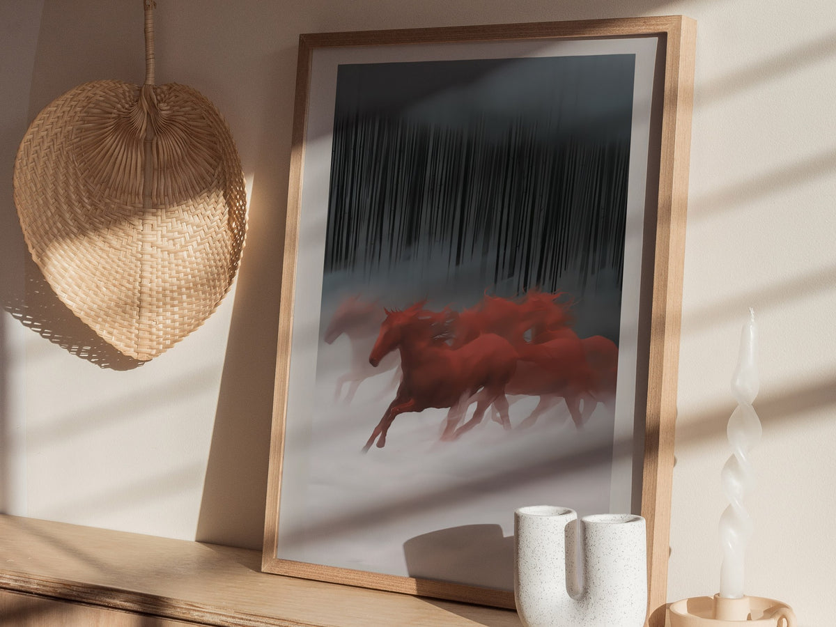 Red Horses Run Poster | Red and Black Watercolor Art Print | Dark Fantasy Wall Art — styled in an interior
