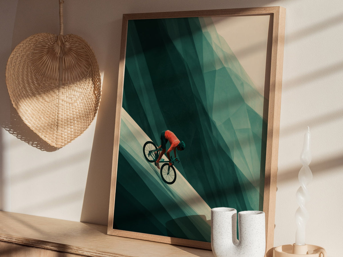 Cyclist Claims Hill Poster | Coral and Forest Low Poly Art Print | Cycling Wall Art — styled in an interior