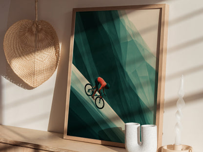 Cyclist Claims Hill Poster | Coral and Forest Low Poly Art Print | Cycling Wall Art — styled in an interior