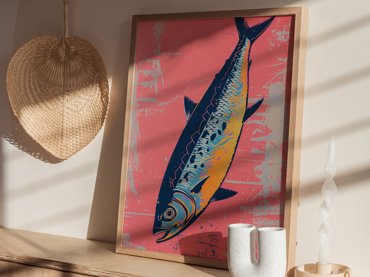 Sardine Tin on Pink Poster | Pink and Cobalt Screen Print Art Print | Kitchen Wall Art — styled in an interior