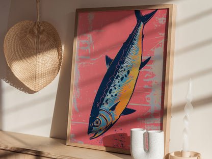 Sardine Tin on Pink Poster | Pink and Cobalt Screen Print Art Print | Kitchen Wall Art — styled in an interior