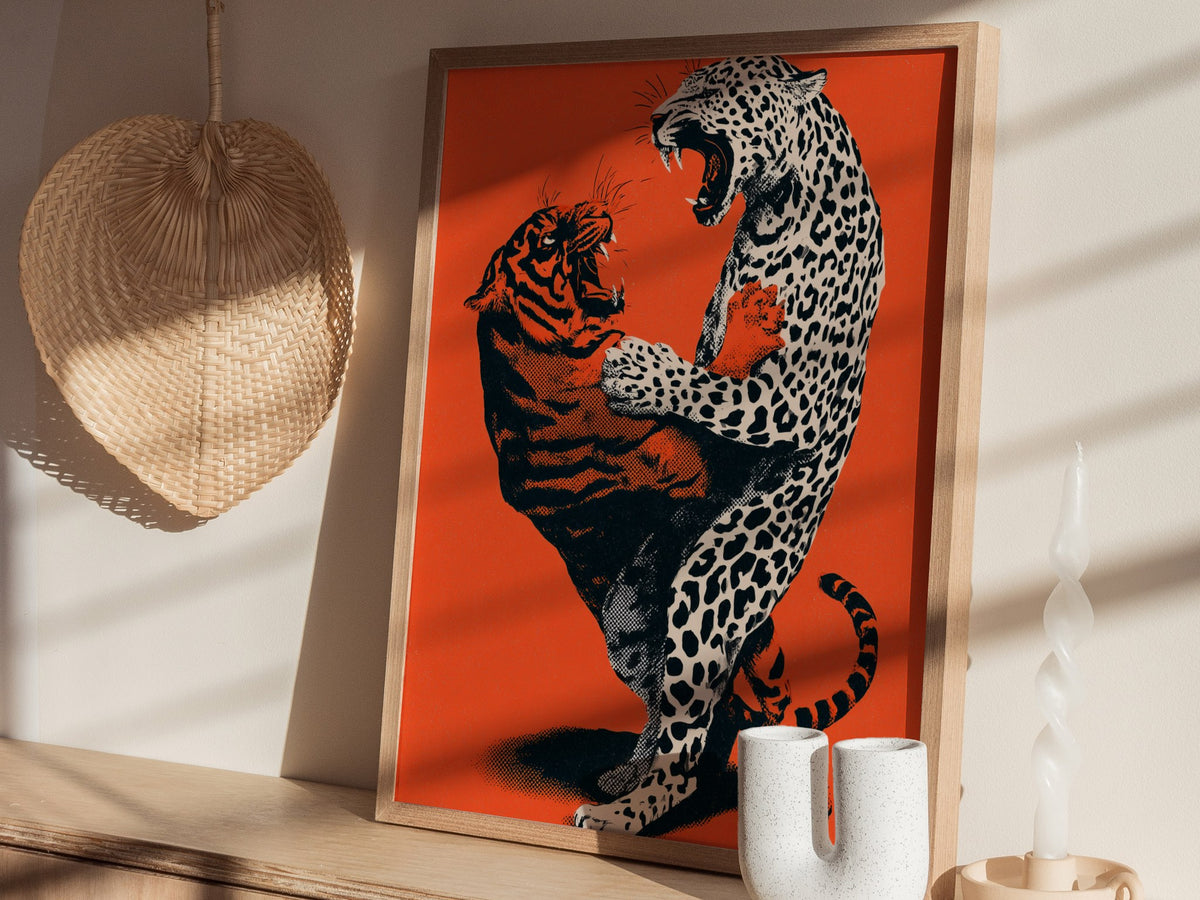 Leopard Battles Tiger Poster | Vermilion and Black Screen Print Art Print | Dark Fantasy Wall Art — styled in an interior