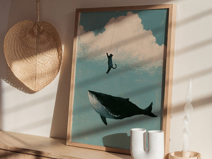 Cloud Fishing Poster | Blue and Cream Illustrative Art Print | Kids Room Wall Art — styled in an interior