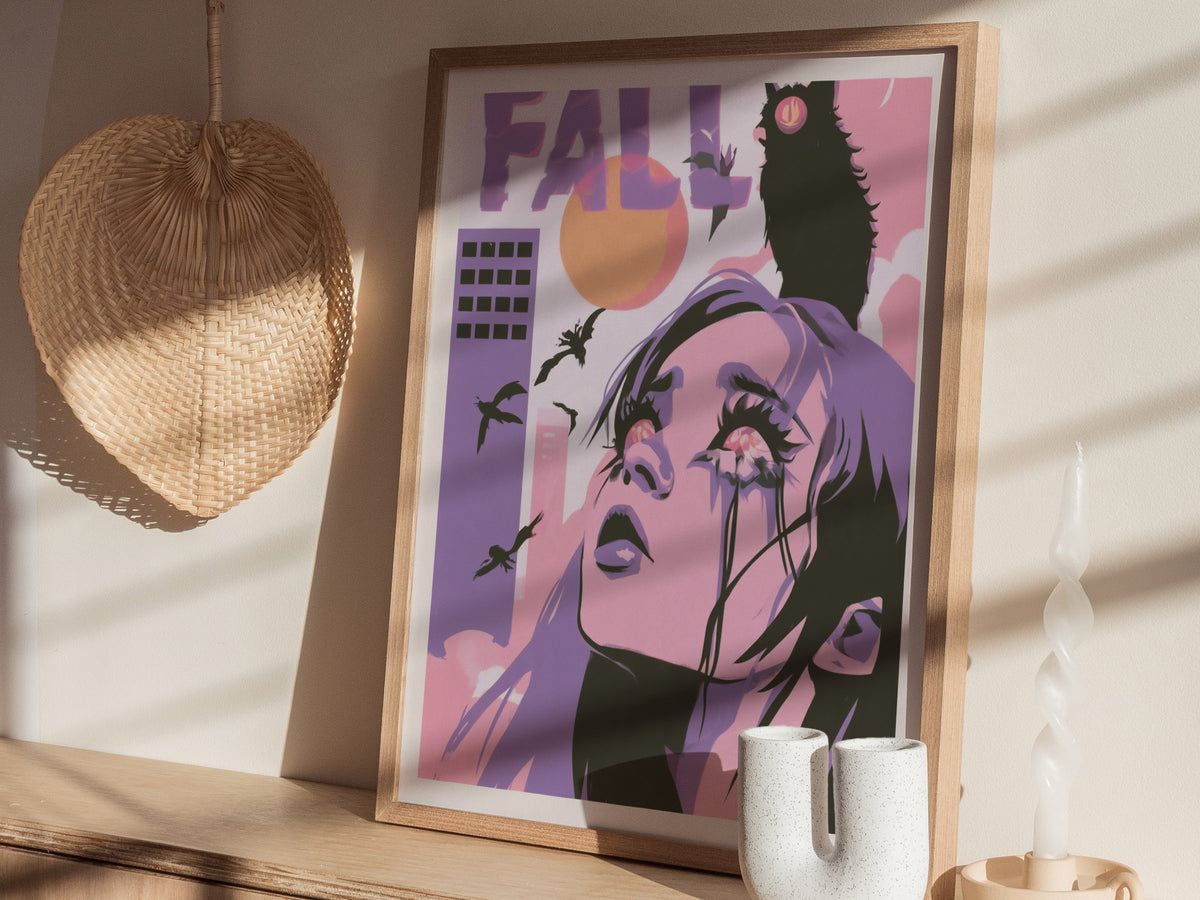 Girl Meets Fall Poster | Pink Purple Lime Illustrative Art Print | Surreal Pop Wall Art — styled in an interior