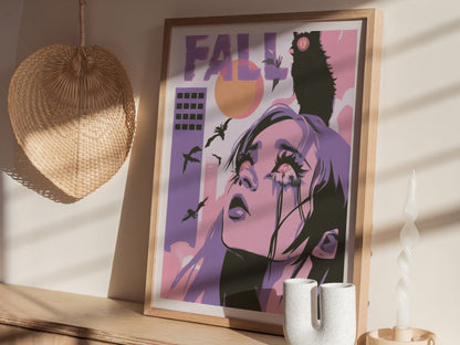 Girl Meets Fall Poster | Pink Purple Lime Illustrative Art Print | Surreal Pop Wall Art — styled in an interior