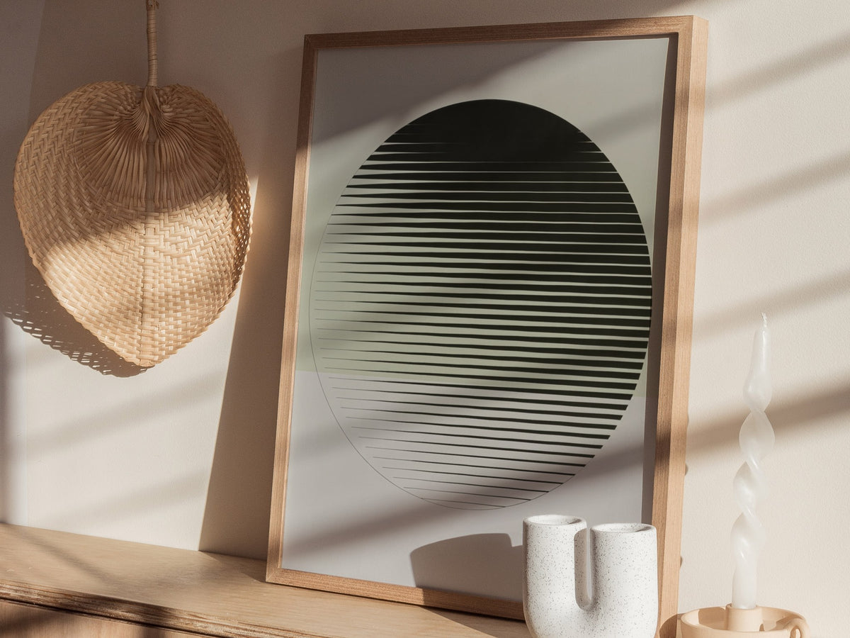 gradient-ellipse Poster | Black and White Minimalism Art Print | Minimalist Wall Art — styled in an interior
