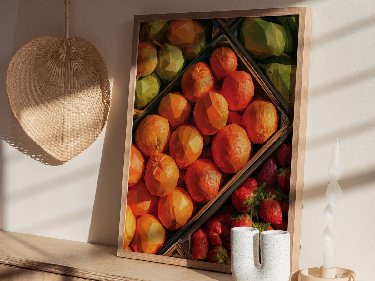 Fruit Stand Overhead Poster | Bold Citrus Low Poly Art Print | Kitchen Wall Art — styled in an interior