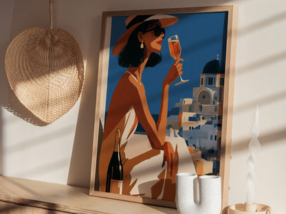 Woman Sips Santorini Poster | Terracotta and Cobalt Illustrative Art Print | Mediterranean Travel Wall Art — styled in an int