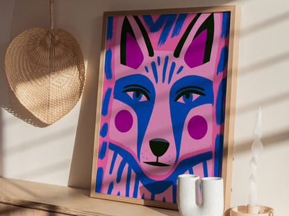 Fox Faces Forward Poster | Pink and Blue Illustrative Art Print | Kids Room Wall Art — styled in an interior