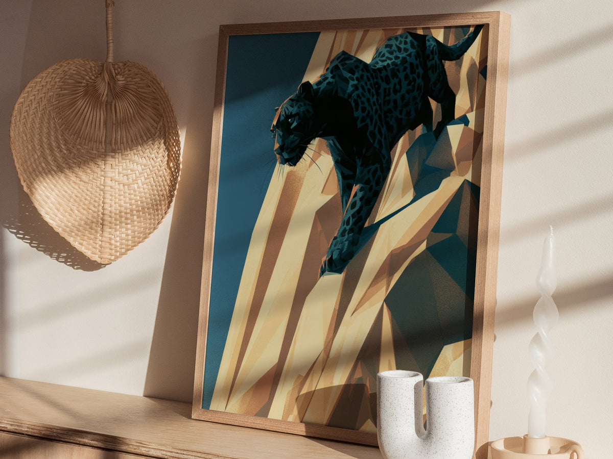 Panther Climbs Noon Poster | Teal and Black Low Poly Art Print | Dark Fantasy Wall Art — styled in an interior