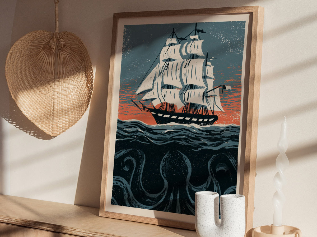 Kraken Under Sail Poster | Teal and Cream Illustrative Art Print | Nautical Folk Art Wall Art — styled in an interior