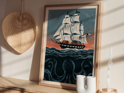Kraken Under Sail Poster | Teal and Cream Illustrative Art Print | Nautical Folk Art Wall Art — styled in an interior