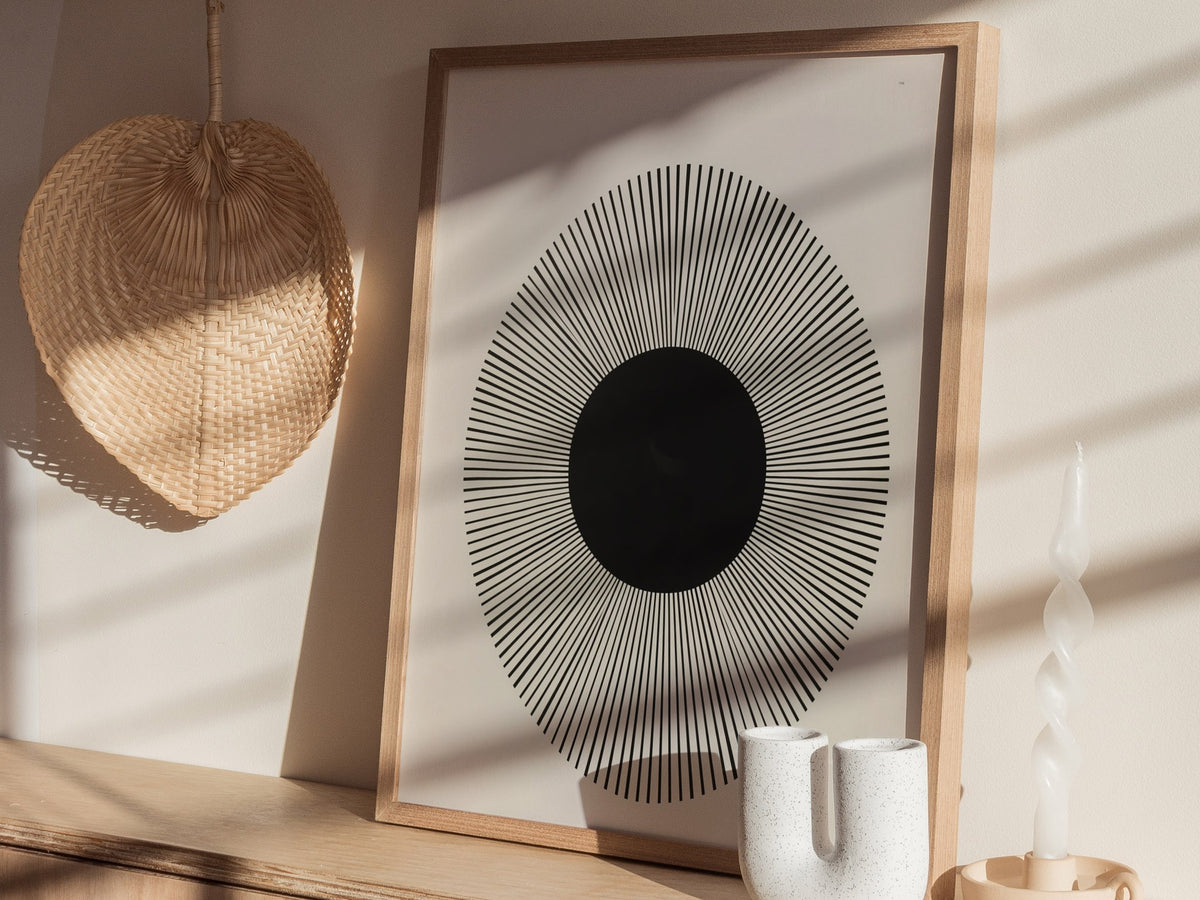 Happy Sun Poster | Black and White Minimalism Art Print | Kids Room Wall Art — styled in an interior