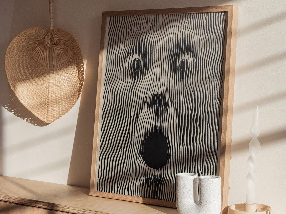 Panic Face Poster | Black and Cream Pen and Ink Art Print | Dark Art Wall Art — styled in an interior