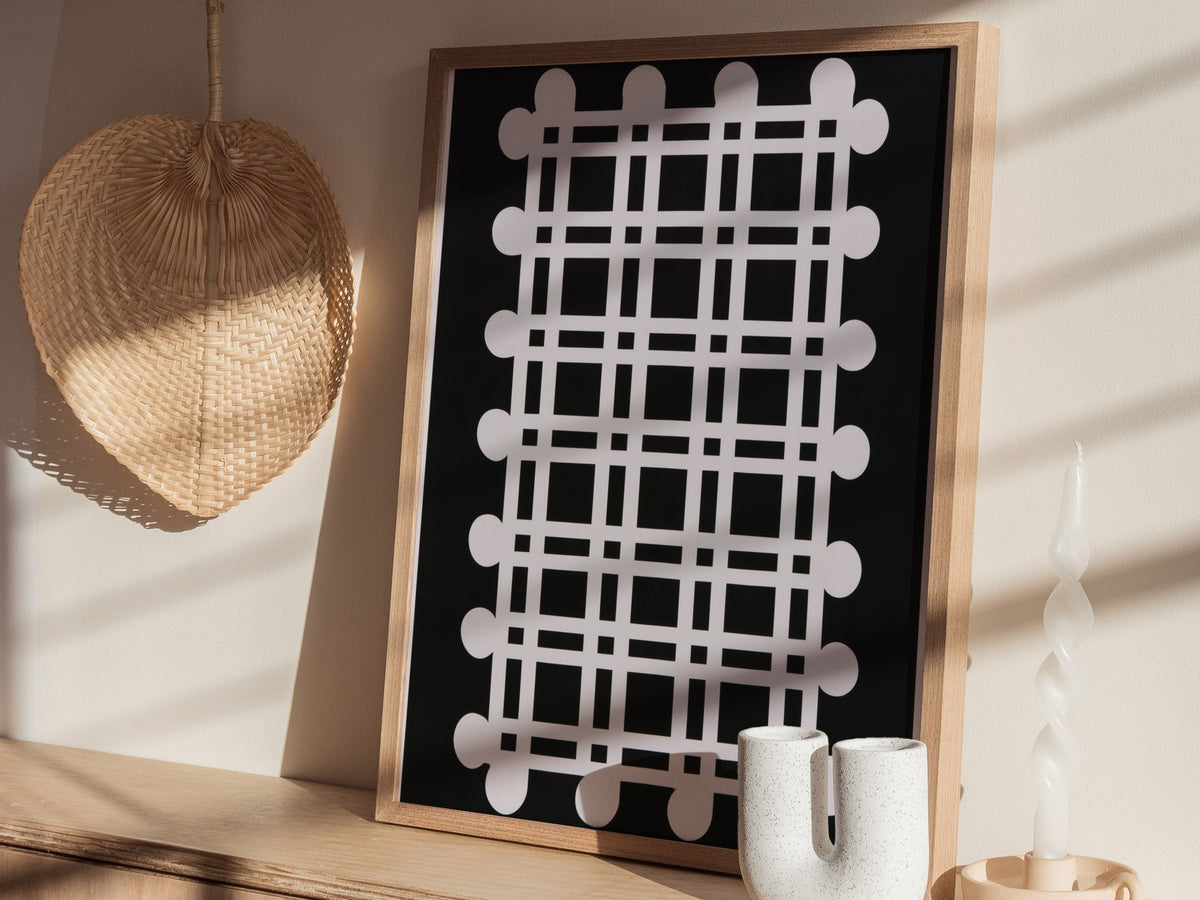 woven-grid Poster | Black and White Minimalism Art Print | Minimalist Wall Art — styled in an interior